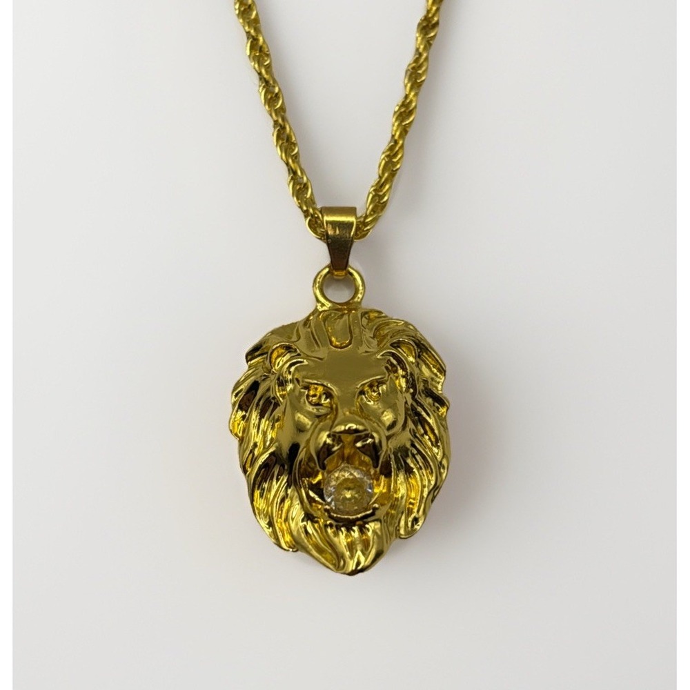Gold Plated Lion Head Animal Inlaid Cubic Zirconia In Mouth Pendant Necklace